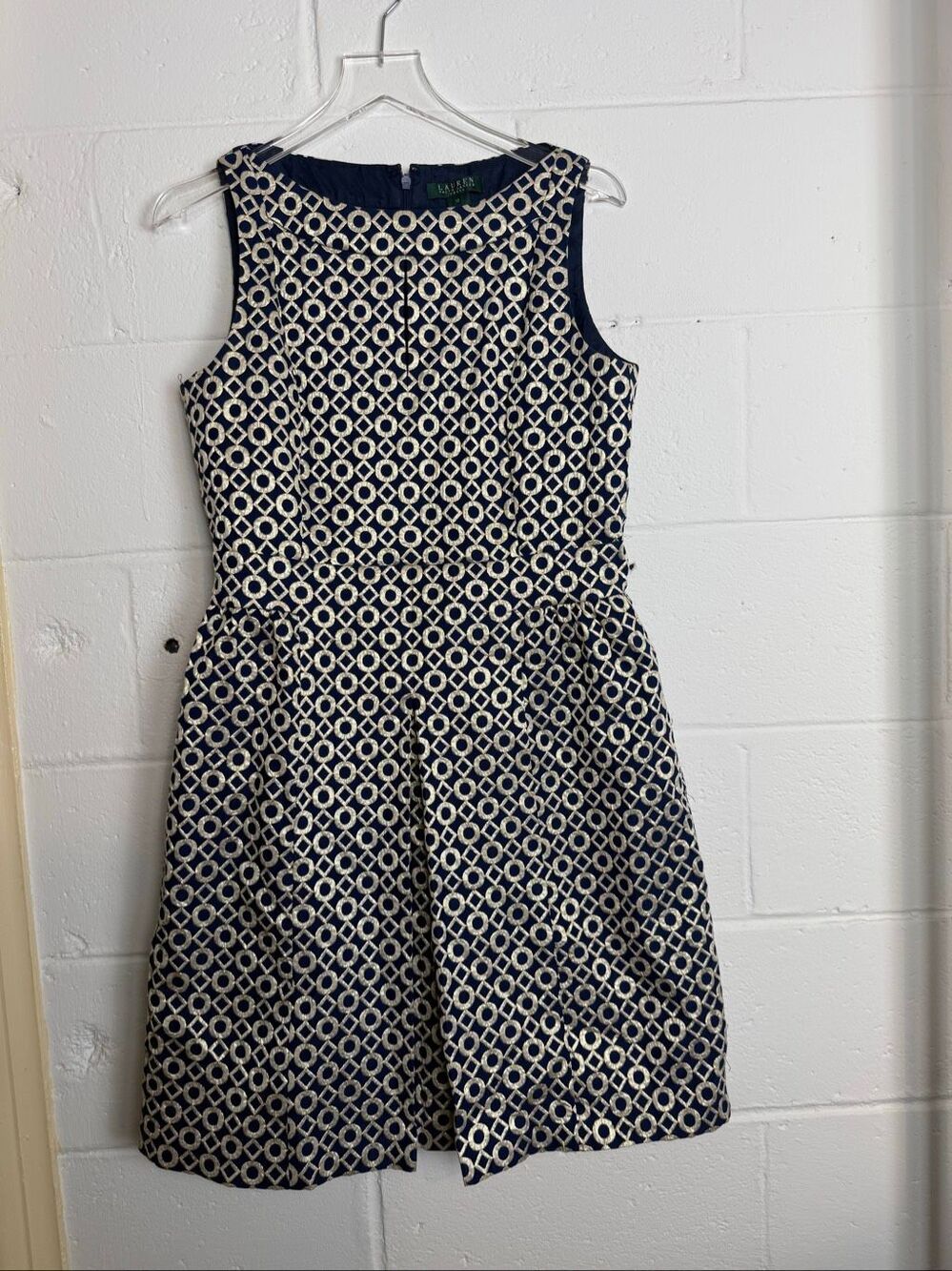 Lauren Ralph Lauren Women’s 12 Navy Gold Brocade Jacquard Cocktail Party Dress